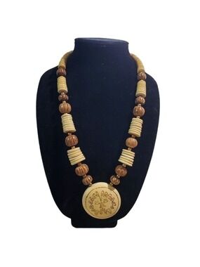 Chunky carved Wood bead burned wood Sun pendant Tribal boho natural Necklace